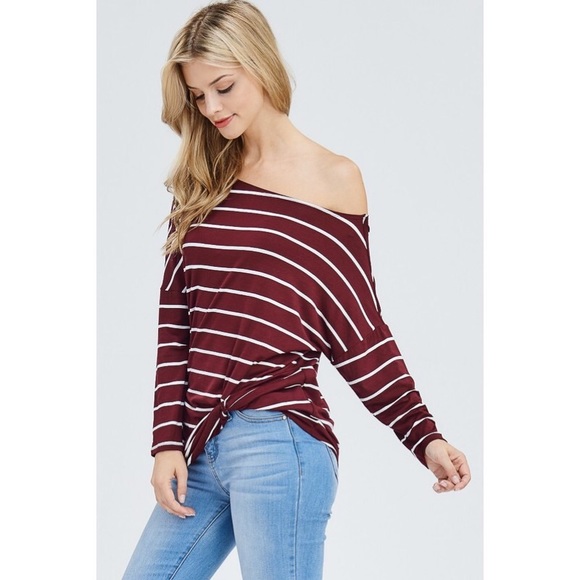 Dolman Sleeve Front Twist Burgundy Striped Top - Picture 6 of 7